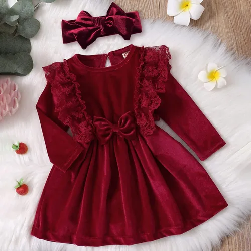 Vista 2 de IMEKIS Vestido de terciopelo de Navidad para niñas pequeñas, vestido de fiesta para bebés, otoño, invierno, volantes, manga larga, vestido de noche
