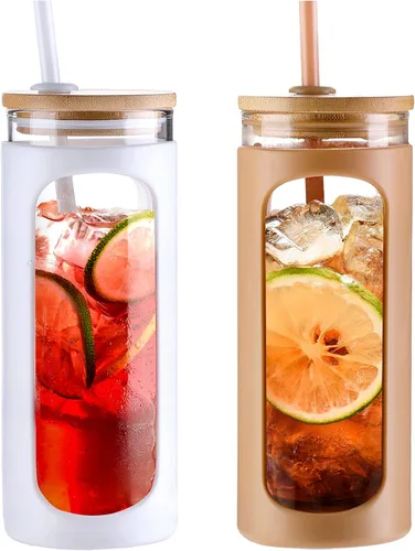 Vista 45 de Kodrine Vaso para agua de vidrio de 20 onzas con popote y tapa, botella de agua con tapas de bambú, taza para café helado, reutilizable, boca ancha
