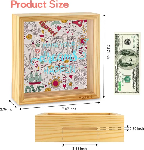 Vista 2 de Alcancía para niños, caja de madera más grande y segura para niños, caja de dinero de madera natural, impresa en la parte delantera de plexiglás