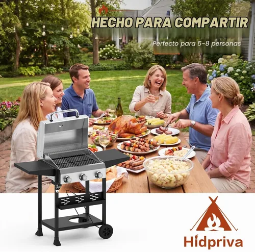 Vista 2 de 3-Burner Propane Gas Grill, 36000 BTU for BBQ,Portable with Wheels&Hood Even& powerful heat distribution with independent control,folding side