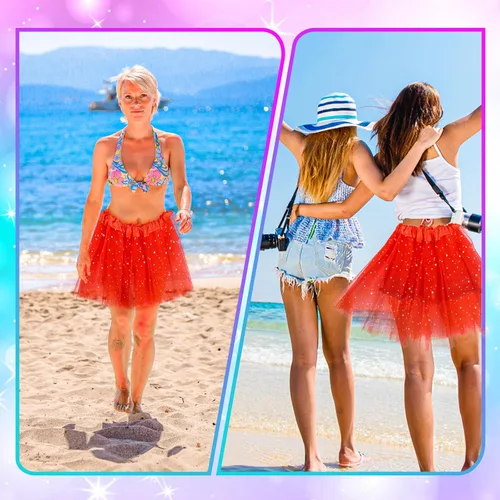 Vista 6 de Yolev Faldas tutú para mujeres y niñas adultas, falda tutú de tul elástica de 3 capas con lentejuelas y estrellas, falda de burbujas retro
