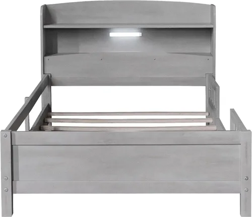 Vista 6 de Harper & Bright Designs Base de cama individual para niños con cabecera de almacenamiento y barandilla, marco de cama de plataforma individual