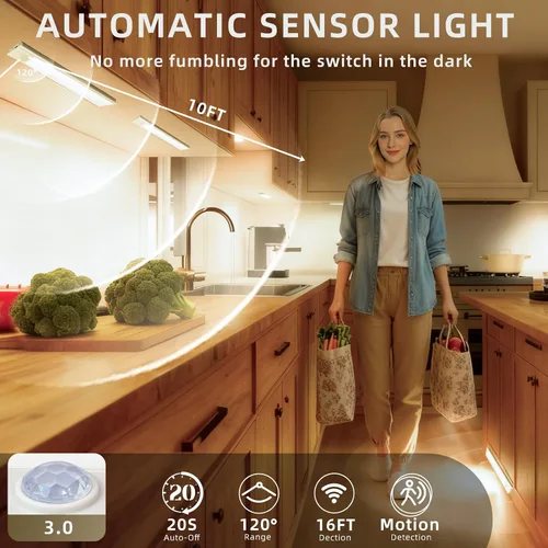 Vista 2 de Paquete de 4 luces para debajo del gabinete, luz recargable con sensor de movimiento para interiores, luces magnéticas inalámbricas regulables, 32