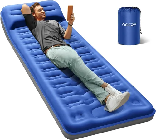 Vista 9 de OGERY Colchoneta de dormir para campamento, almohadilla de dormir reforzada extra gruesa de 6 pulgadas con almohadas y bomba de pie integrada Azul