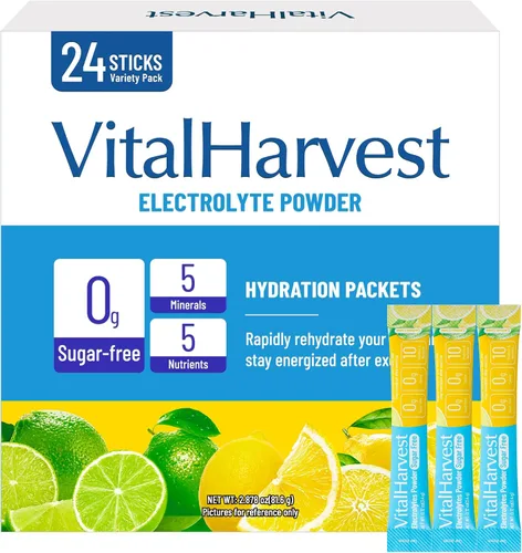 Vista 13 de VitalHarvest 24 Sobres de Polvo de Electrolitos Sin Azúcar Paquetes de Hidratación Mezcla de Bebida IV Diaria Líquida para Hidratación Rápida, Bajo
