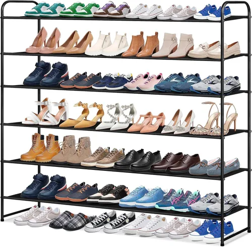 Vista 8 de KIMBORA Zapatero largo de 4 niveles para el piso del armario, estante ancho para zapatos, organizador de almacenamiento de 30 pares apilables, Negro