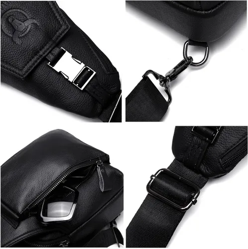 Vista 4 de Bolso de pecho de cuero genuino para hombre, bolso cruzado de hombro, bandolera, mochila de mensajero, mochila para negocios, casual