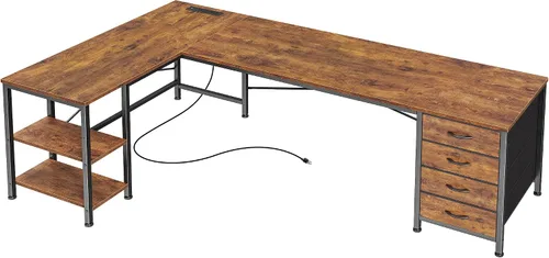 Vista 15 de Huuger Escritorio en forma de L de 55 pulgadas con cajones de tela, escritorio reversible para juegos para computadora con tomas de corriente