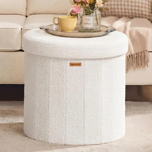 Vista 8 de SONGMICS Colección Mazie - Otomana de almacenamiento redonda, taburete reposapiés plegable con tapa extraíble, fácil montaje, taburete de terciopelo