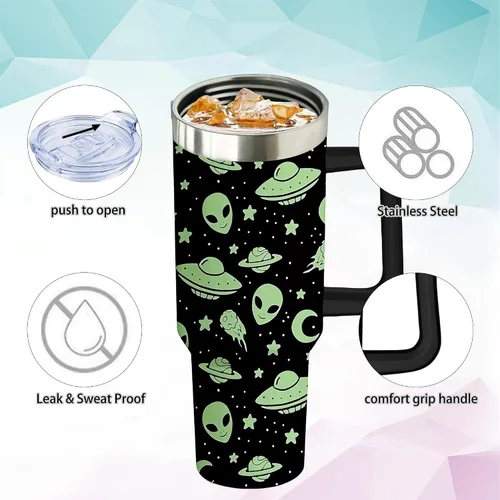 Vista 4 de Vaso térmico de alienígena de 40 onzas con asa y pajita abatible, taza aislante de acero inoxidable para amantes de ovnis, taza de café de viaje