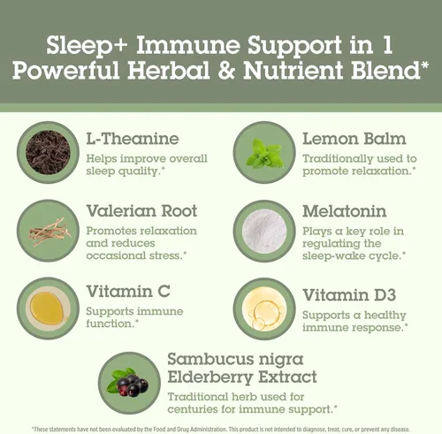 Vista 4 de Quantum Health Sleep - Suplemento de apoyo de melatonina inmune de 5 mg L teanina raíz de valeriana + saúco vitamina C y D inmunidad para aumentar