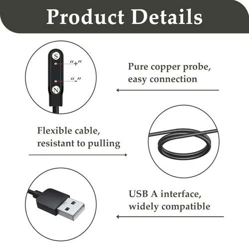 Vista 3 de Paquete de 2 cables de carga magnéticos para reloj inteligente, 2 pines de 0.300 in, cable de carga de repuesto compatible con reloj inteligente
