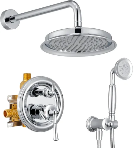 Vista 8 de Cabezal de ducha de lluvia con combo de mano, sistema de ducha dorado cepillado con válvula de presión de equilibrio, cabezal de ducha de 9 pulgadas