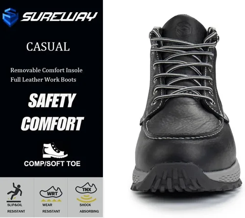 Vista 3 de SUREWAY Men's Lightweight Casual Soft Toe Work Boot - Moc Toe, Men's Construction Industry Safety Wedge Work Boot/Shoe - Black, Comfort Insole