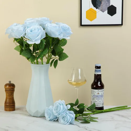 Vista 5 de 12 piezas Rosas Flores Artificiales Rosas Falsas Azul Bebé Rosas de Seda Flores de Seda Blancas Rosas con Tallos Largos para Bodas Hogar Fiestas
