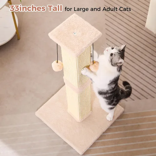 Vista 7 de Poste rascador grande para gatos con base resistente, poste rascador cuadrado resistente de sisal de 33 pulgadas y 2 bolas interactivas para colgar