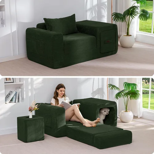 Vista 13 de MAXYOYO Sofá plegable, sofá convertible con reposabrazos, sofá multifuncional con almohada y bolsillos, sofá deshuesado para sala de estar