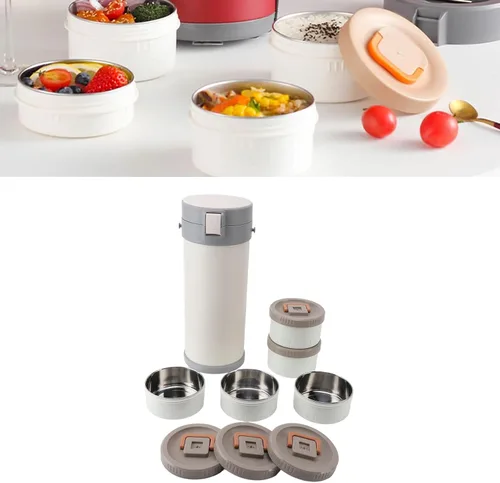 Vista 2 de Caja de acero inoxidable aislada, tarro de alimentos aislado de acero inoxidable de 5 capas apilable con correa a prueba de fugas para microondas
