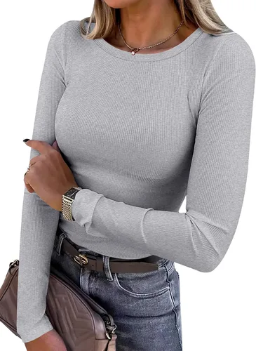Vista 22 de ANRABESS - Camisetas de manga larga para mujer, de punto acanalado, ajustadas, básicas, 2025, informales, para usar a capas o debajo del uniforme