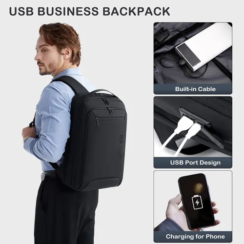 Vista 2 de FENRUIEN Mochila de negocios para laptop para hombres, mochila de viaje USB delgada, ligera, resistente al agua, unisex, para trabajo/universidad