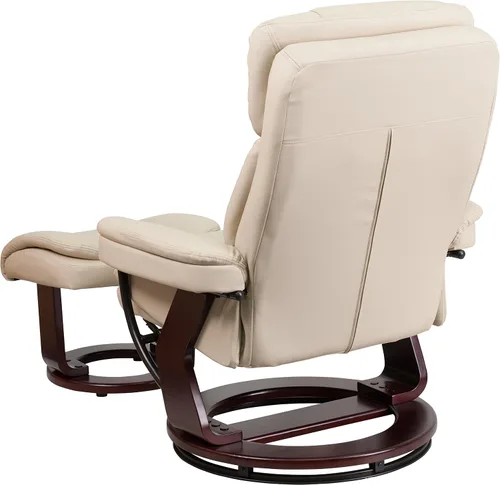 Vista 4 de Sillón reclinable y taburete de piel beige con base giratoria de madera caoba de Flash Furniture, Cuero, Beige Ajuste de palanca, reposabrazos