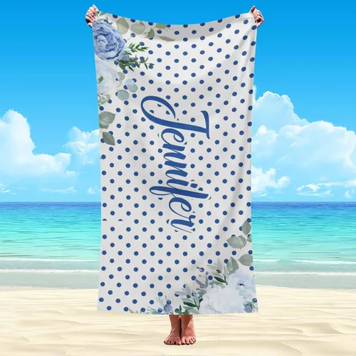 Vista 3 de Artsadd Toalla de playa personalizada con nombre, toallas de playa personalizadas con puntos azules y flores, toallas de playa con nombre