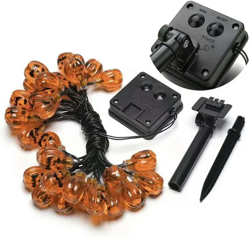 Vista 7 de YBB Tira de luces solares de calabaza, impermeable, decoración de Navidad, 20 luces LED parpadeante/modos de encendido constante, linterna