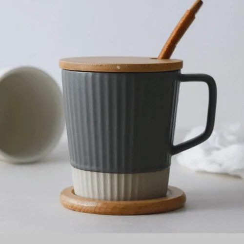 Vista 3 de Taza de café, taza de té, taza de cerámica, taza de agua personalizada para el hogar, taza de 8 onzas con tapa, cuchara para regalo de cumpleaños