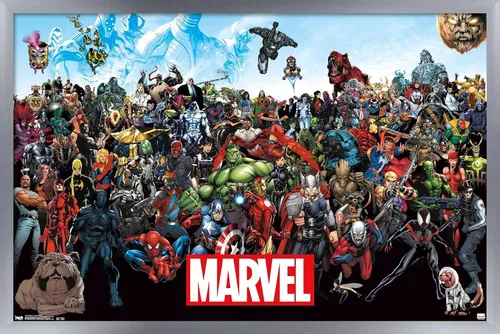 Vista 19 de Marvel Comics The Marvel Lineup - Póster de pared, 22.4 pulgadas de largo x 14.7 pulgadas de ancho, versión enmarcada de madera de granero