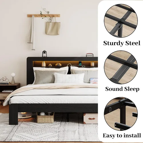 Vista 5 de Marco de Cama de Madera Tamaño Full con Cabecera de Almacenamiento, Marco de Cama de Plataforma Estilo Granja con Estante de Librería y Luces LED