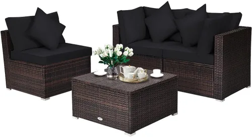 Vista 10 de HAPPYGRILL Juego de sofá de mimbre para patio de 4 piezas, moderno juego de sofá modular con cojines y almohadas lavables, juego de muebles de ratán