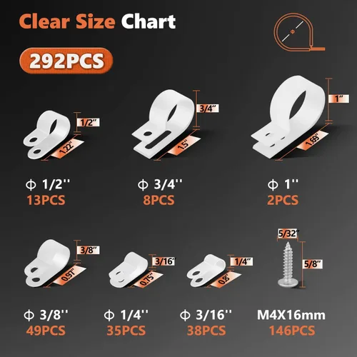 Vista 4 de Juego de 292 abrazaderas de cable tipo R de nailon blanco PA66 Good Ductility, Fireproof, 6 Sizes (3/16'' 1/4'' 3/8'' 1/2'' 3/4'' 1''), 146pcs M4