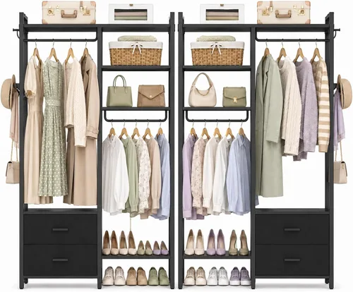 Vista 9 de Perchero de 78.7 pulgadas para colgar ropa, perchero reversible con 2 cajones, percheros resistentes con estantes, sistema de armario portátil Negro