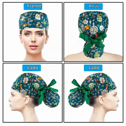 Vista 2 de Gorras médicas para mujer, gorras para enfermeras, gorra de trabajo ajustable, bolsa de cola de caballo, sombreros con lazo en la espalda