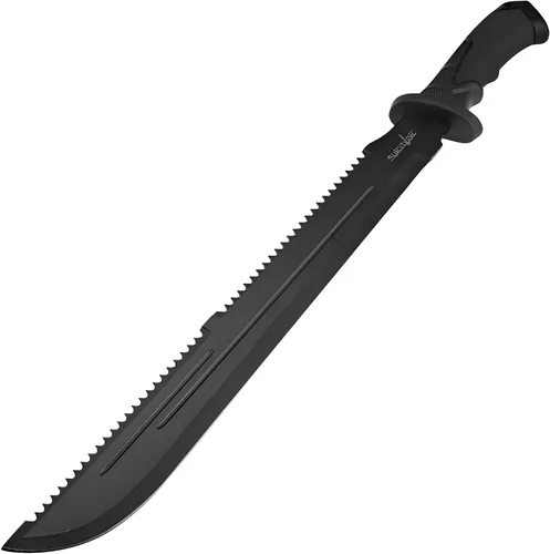 Vista 2 de Survivor Machete de espiga completa de 23.5 pulgadas con hoja de acero 3Cr13MoV de 17.5 pulgadas, acabado oxidado negro, mango de fibra de nailon