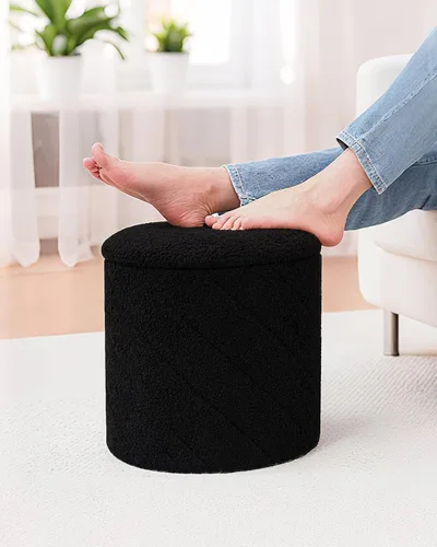 Vista 4 de B FSOBEIIALEO Otomana con almacenamiento, Otomana redonda de almacenamiento de bouclé con bandeja, Taburete reposapiés para dormitorio, Otomana