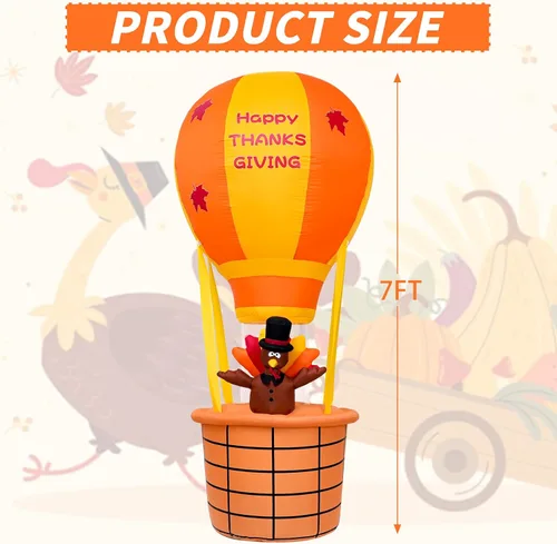 Vista 2 de Onory Inflables de Acción de Gracias de 7 pies para decoración al aire libre, globo inflable de aire caliente, pavo de Acción de Gracias con LED