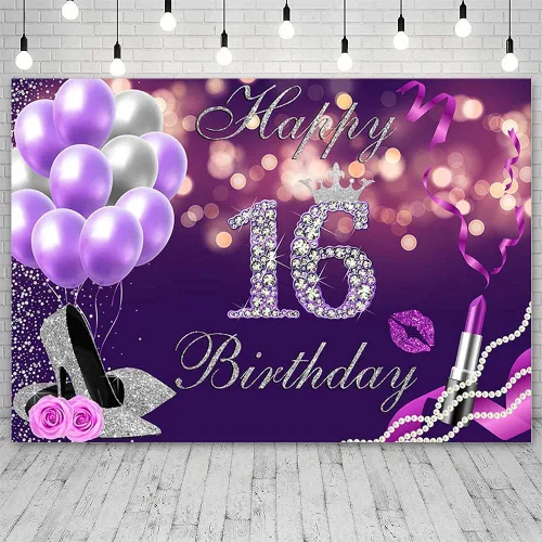 Vista 2 de Telón de fondo de feliz cumpleaños número 16 de 7 x 5 pies, globos Bokeh morados con purpurina plateada con purpurina, fondo de lápiz labial