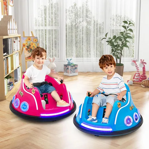 Vista 2 de HONEY JOY Coche de parachoques para niños pequeños de 12V, coche de batería para bebés con control remoto, dos joysticks, luz LED intermitente y Rosa