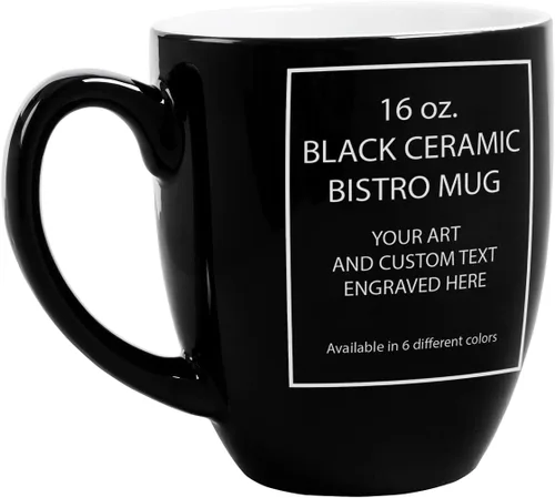 Vista 5 de PlaqueMaker Taza de café Bistro de cerámica personalizada, texto grabado con láser, 16 onzas (negro)