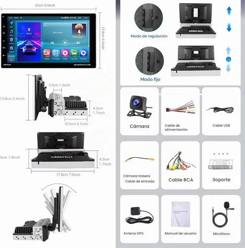 Vista 7 de 2G + 64G Android 13 DIN Estéreo inalámbrico Carplay Android Auto, pantalla táctil Rimoody de 9 pulgadas, radio de coche 1 DIN con Bluetooth, WiFi