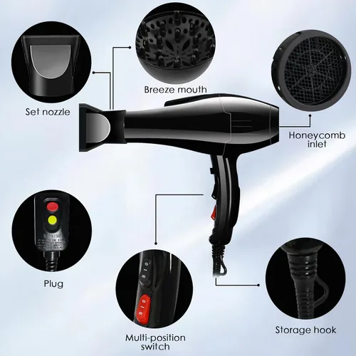 Vista 6 de Secador de pelo profesional de 3500 W para salón de belleza Powerful Negative Ions Hair Dryer Fast Drying 2 Speed 3 Heat Long Cord Design Equipped