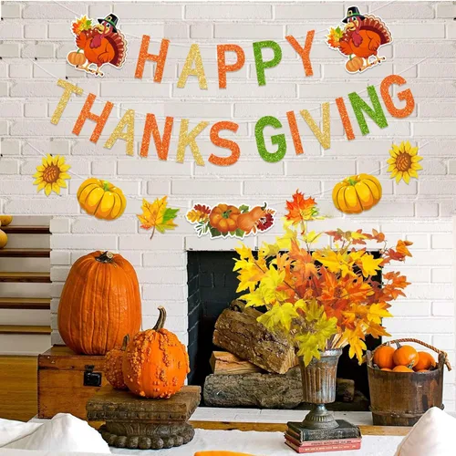 Vista 4 de Pancarta con purpurina para decoración de Acción de Gracias, pavo, calabaza, hojas de arce para otoño, fiesta de agradecimiento, decoración