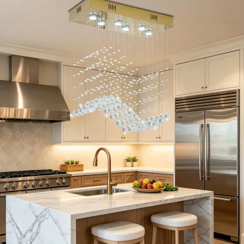 Vista 2 de Candelabro Rectangular Moderno de Onda Dorada para Comedor Sobre Mesa, Lámpara de Techo Elegante de 6 Luces Tipo Gota de Lluvia para Isla de Cocina