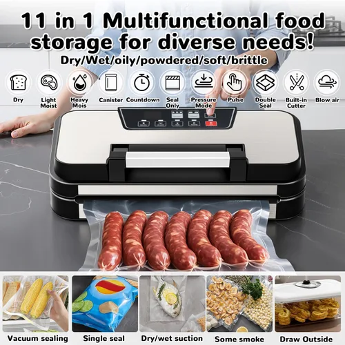 Vista 2 de Máquina selladora al vacío, potente sellador automático de alimentos de 95 Kpa, cortador integrado y almacenamiento de bolsas, pantalla de progreso