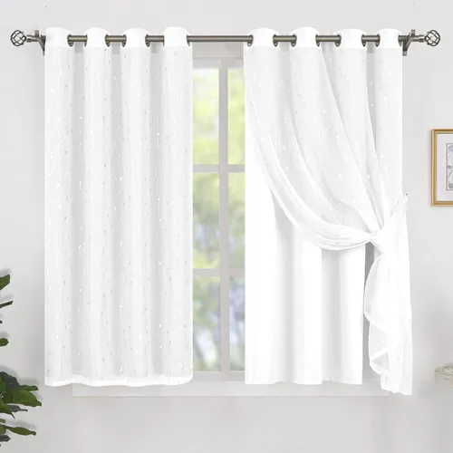 Vista 18 de BGment Cortinas de oscurecimiento de habitación con superposición transparente, cortinas de tul estampado plateado de doble capa para sala de estar