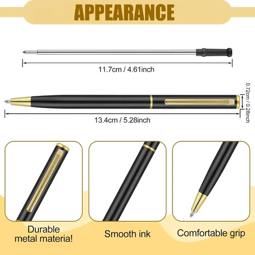 Vista 2 de Zonon 15 bolígrafos delgados de metal negro dorado a granel retráctiles de tinta negra metálica de 0.039 in de punta media suave para escritura