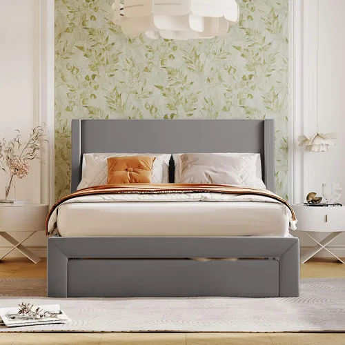 Vista 3 de Base de cama de tamaño matrimonial con cabecera tapizada de terciopelo, marco de cama con cajones y listones de madera que soportan el marco