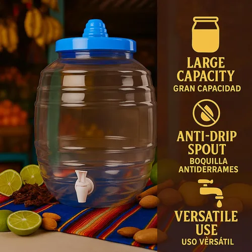Vista 4 de Jarra de 5 galones con boquilla, dispensador de bebidas mexicanas Vitrolero Tapadera Aguas Frescas de jugo de agua, recipiente transparente de 20 L