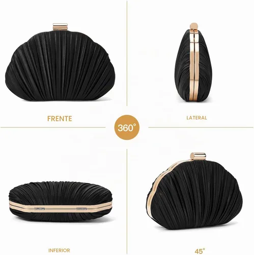 Vista 6 de RNIEGA Bolso de mano de noche plisado de satén para mujer, elegante bolso de mano con cadena para boda 1-negro